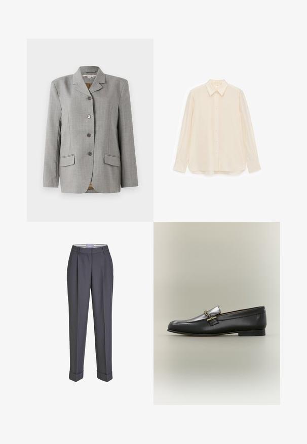 Grå ternet blazer med nøddekrave, fire frontknapper, to sidelommer og en glat tekstur.; Kremfarvet skjorte med knapper lavet af glat stof, med krave, lange ærmer og en let buet kant.; Mørkegrå skræddersyede bukser med lige ben, plisseret for og opsmøgte manchetter. Lavet af glat stof med en klassisk talje.; Sort læderloafer med sølv øverste, gyldent kædedetalje, lav hæl og rundet tå på neutral baggrund.
