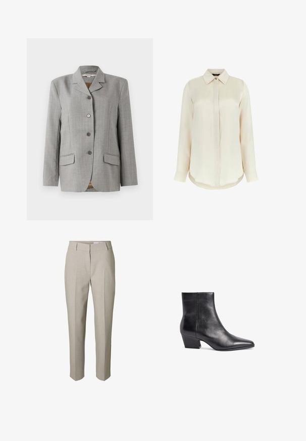 Grauer kariert Blazer mit geknöpften Revers, vier Frontknöpfen, zwei Taschen an den Seiten und einer glatten Textur.; MARCIANO BY GUESS Hemdbluse - creme; Beige maßgeschneiderte Hose mit Gürtelschlaufen, einem vorderen Reißverschluss und gebügelten Bügelfalten an den Beinen, vor weißem Hintergrund dargestellt.; Schwarze Lederankelstiefel mit spitzer Zehe, mittlerem Blockabsatz und glatter Textur. Bietet ein minimalistisches Design ohne sichtbare Beschläge.
