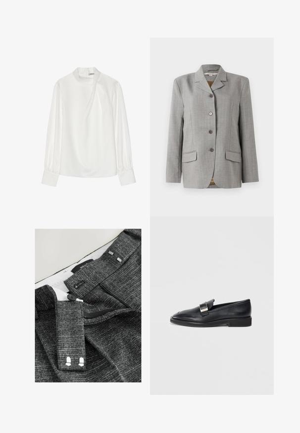 Blazer à carreaux gris avec col cranté, quatre boutons à l'avant, deux poches latérales et une texture lisse.; Blouse blanche avec un col montant, des manches longues bouffantes et une fermeture éclair au dos. Tissu lisse avec un léger éclat et une drapé subtile.; Des pantalons gris texturés présentent une fermeture à bouton, une fermeture éclair et des passants de ceinture en tissu, avec une doublure intérieure blanche et des détails de couture distincts.; Mocassin en cuir noir avec une boucle rectangulaire en argent sur le dessus et un petit talon, sur fond blanc.