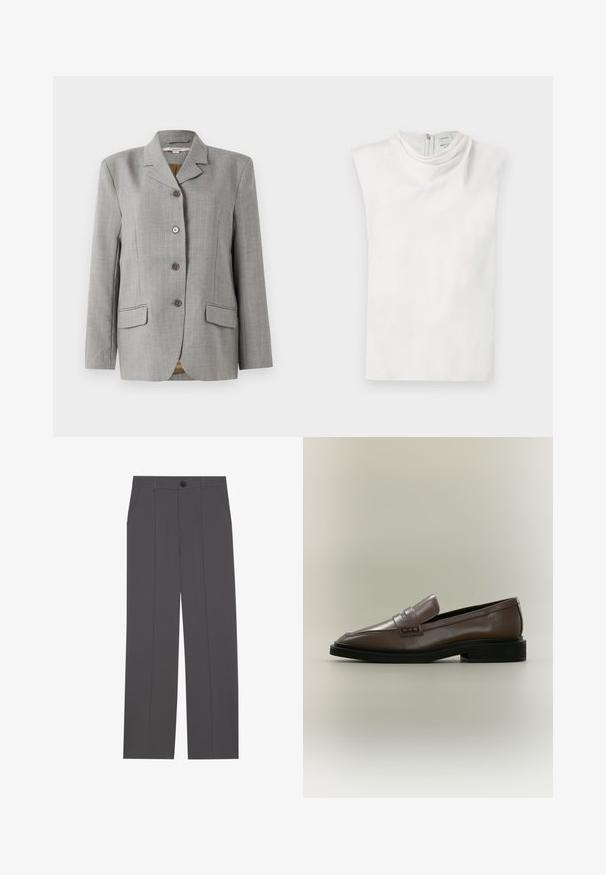 Gray plaid blazer featuring a notched collar, four front buttons, two side pockets, and a smooth texture.; White sleeveless top with a mock neck and back zipper closure, displayed flat on a white background.; Grey trousers with a straight leg design, featuring two side pockets and a button closure. Smooth fabric with no visible patterns or accents.; Brown leather slip-on loafer with black sole and low heel, featuring a strap detail across the upper.