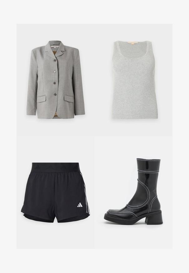 Grå ternet blazer med nøddekrave, fire frontknapper, to sidelommer og en glat tekstur.; Grå ribstrikket tanktop med rund halsudskæring, lavet af et struktureret strikket stof. Har en tætsiddende silhuet og minimal syning.; Sorte sport shorts med elastisk talje, der har et tekstureret bånd, sidestreger og et hvidt Adidas-logo på den nederste kant.; Sort patenteret læder ankelstøvle med hvid stikning, rund tå og blokhæl. Har buede designlinjer og en glat tekstur.