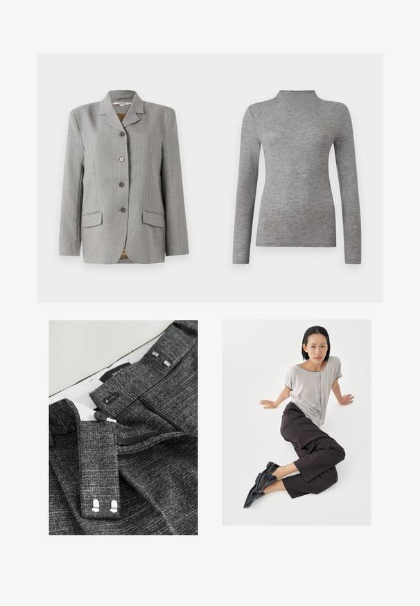 Blazer de cuadros gris con cuello de muesca, cuatro botones delanteros, dos bolsillos laterales y una textura suave.; Top gris de manga larga con un cuello alto, hecho de una suave tela texturizada. Presenta un corte ajustado y sin patrones o acentos visibles.; Pantalones grises texturizados con cierre de botón, cremallera y ganchos adicionales, con detalles plateados en la cintura y el forro interior.; Top de manga corta gris claro, pantalones anchos oscuros y mocasines negros. Tela suave, ajuste relajado y ribete en contraste en la camisa.