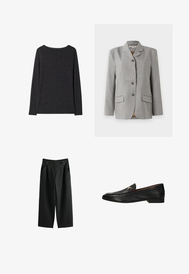 Grijze geruite blazer met een omgeslagen kraag, vier knopen aan de voorkant, twee zijzakken en een gladde textuur.; Donkergrijze trui met lange mouwen en ronde hals met een licht gemêleerde textuur, plat getoond op een witte achtergrond.; Zwarte wijde broek met zijzakken en verstelbare gespsluitingen aan de tailleband, afgebeeld op een witte achtergrond.; Zwarte leren loafers met een platte zool, ronde neus, decoratieve band en een klein metalen detail aan de voorkant. Glad oppervlak.