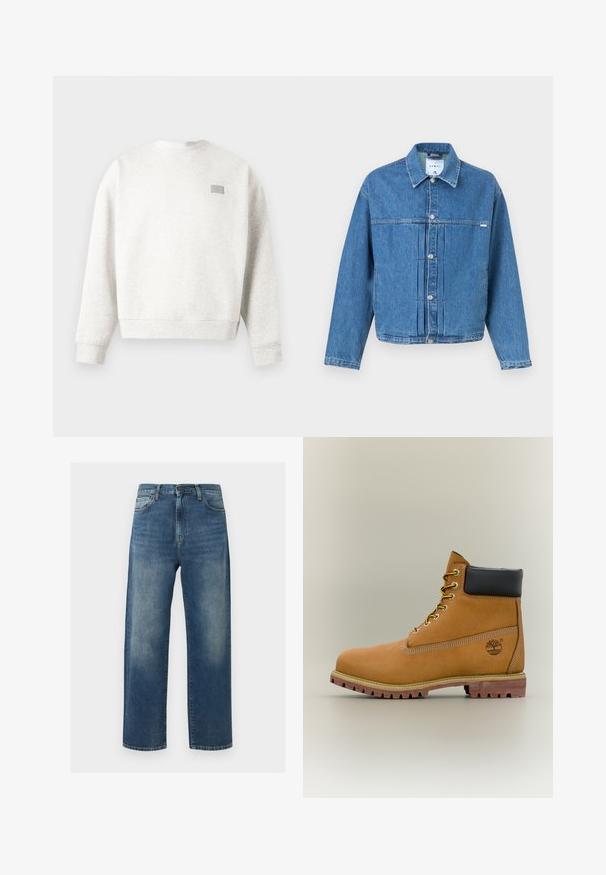 Veste en jean bleue avec devant boutonné, col, manches longues et détails plissés sur un fond uni.; Sweat-shirt à col ras du cou gris clair avec manches longues et un petit patch rectangulaire sur la partie supérieure gauche de la poitrine.; Jean bleu droit avec des zones décolorées sur les cuisses, style cinq poches, fermeture par bouton et fermeture éclair.; Bottine en cuir marron avec col noir, lacets jaunes et semelle beige. Présente un logo et des détails de couture blanche. Semelle extérieure à traction robuste.