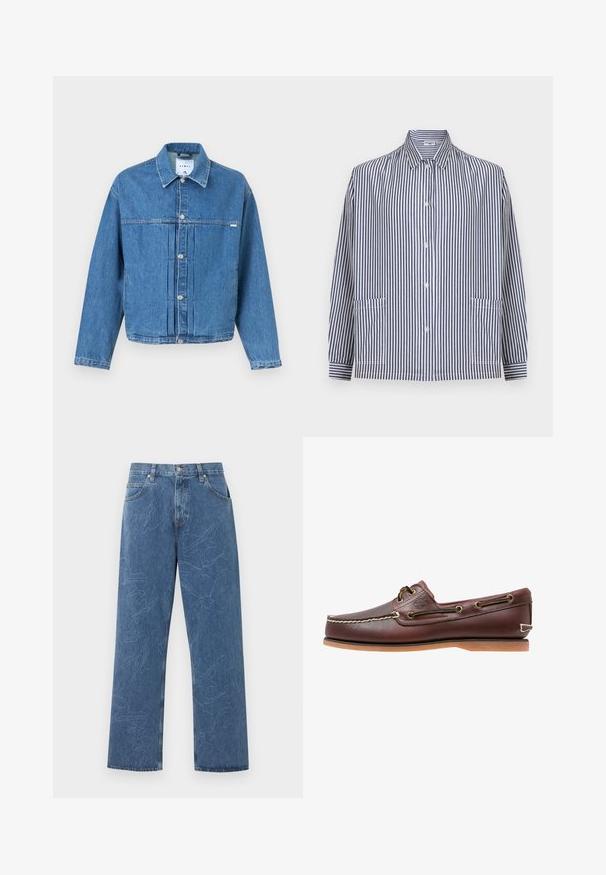 Veste en jean bleue avec devant boutonné, col, manches longues et détails plissés sur un fond uni.; Chemise à manches longues boutonnée avec des rayures verticales bleues et blanches, col pointu et deux poches plaquées à l'avant.; Jean droit bleu avec des motifs abstraits de feuilles subtilement brodés et un design classique à cinq poches sur un fond clair.; Chaussure bateau en cuir marron avec coutures blanches, détails de lacets et semelle en caoutchouc beige, vue de côté sur fond blanc.