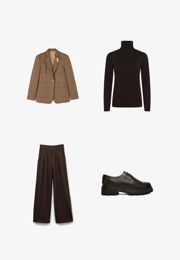 Blazer marron à carreaux avec un bouton et une broche en forme de feuille argentée sur le revers gauche, posé à plat sur un fond blanc.; Pull en maille côtelée noir à col roulé. Il présente des manches longues et une silhouette ajustée, avec un col haut et une couleur unie.; Pantalons larges en tissu brun foncé, avec une taille haute, un devant plissé, une fermeture à bouton et des poches latérales.; Chaussure brogue en cuir marron foncé avec détails perforés et semelle épaisse en caoutchouc noire, vue de côté sur fond blanc.