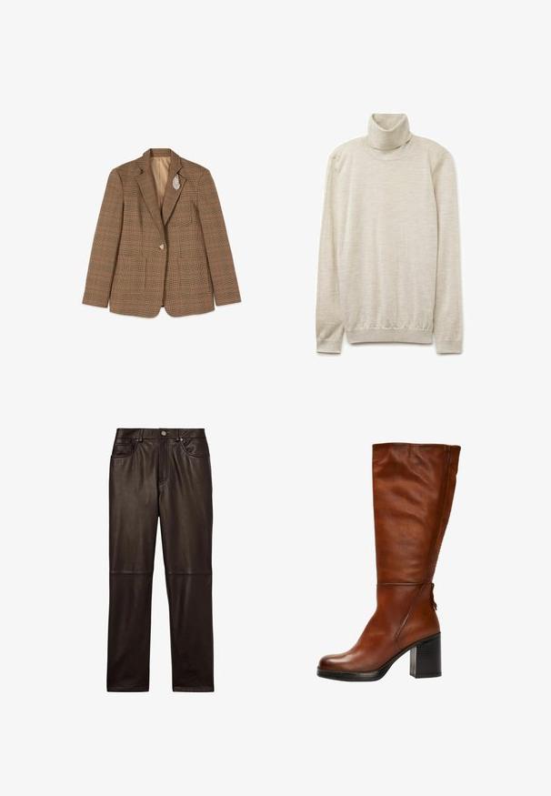 Brun ternet blazer med en knap og en sølv bladformet broche på venstre revers, lagt fladt på hvid baggrund.; Beige turtleneck sweater i blødt stof, med høj krave, lange ærmer og ribbet kant. Glat tekstur med subtile variationer.; Reiss Skindbukser - chocolate; Brune læder knæhøje støvler med rund tå, chunky sort hæl og subtile syninger foran og bagpå.