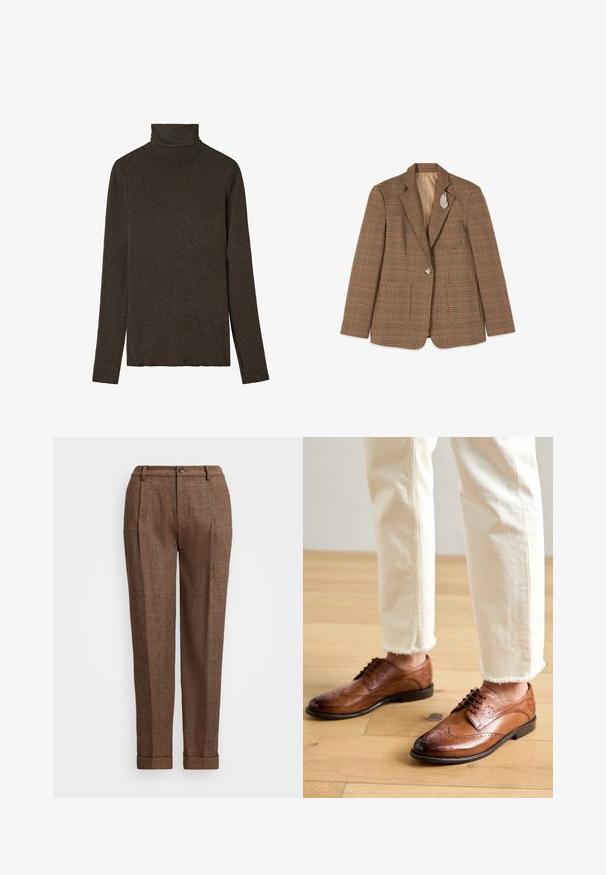 Blazer marrón a cuadros con un botón y un broche plateado en forma de hoja en la solapa izquierda, colocado plano sobre un fondo blanco.; Top de cuello alto marrón oscuro hecho de una tela suave y texturada. Presenta mangas largas y un diseño ajustado, con un escote liso.; Pantalones de cuadros marrones con un corte entallado, que presentan pliegues, cierre de botón y dobladillos rematados. Tejido texturizado con acentos naranjas.; Zapatos brogue de cuero marrón con detalles perforados, punta redondeada y un acabado suave, combinados con pantalones de color crema con dobladillo desflecado.