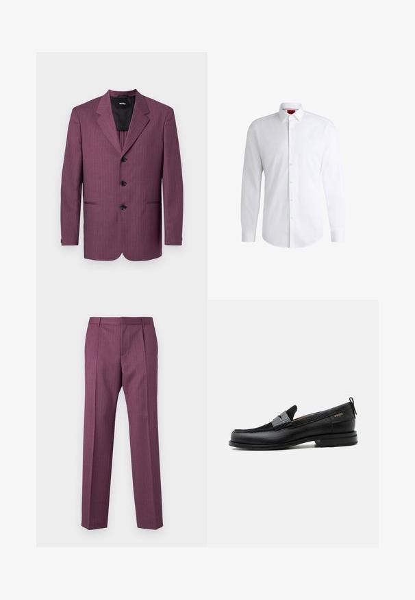 Lila gestreifter Blazer mit Reverskragen, drei schwarzen Knöpfen und zwei seitlichen Taschen. Futterstoff im Inneren, taillierte Passform, strukturierte Schultern.; Weißes Herrenhemd aus glattem Stoff mit klassischem Kragen, langen Ärmeln und abgerundetem Saum. Mit eleganten beigen Knöpfen an der Vorderseite.; Lila, gestreifte Hose mit geraden Beinen, taillierter Passform und Fronttaschen. Hergestellt aus leichtem Material, mit Gürtelschlaufen und Bügelfalte.; Schwarzer Lederloafer mit grauem Riemendetail, niedrigem Absatz und strukturierter Sohle, seitlich mit „HUGO“ in Gold gebrandmarkt.