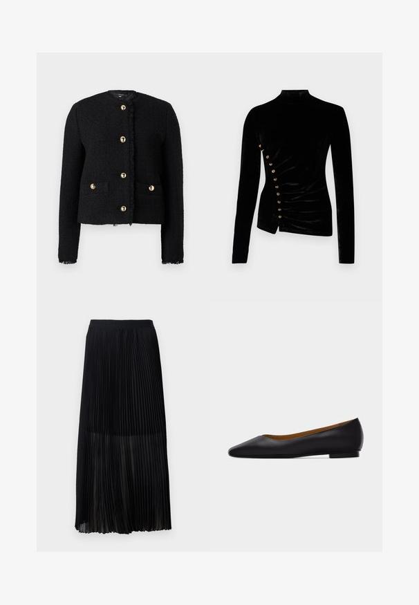 Zwart gestructureerd jack met een ronde halslijn, gouden knopen, twee voorzakken en een rafelige zoom. Gemaakt van een geweven, licht pluizig materiaal.; Rabanne Longsleeve - black; Zwarte geplooide midi-rok met een gladde, elastische tailleband en doorschijnende overlay, met fijne verticale plooien door de stof.; Zwarte leren puntschoen met lage hak en gladde afwerking, zijaanzicht op een lichtgrijze achtergrond.