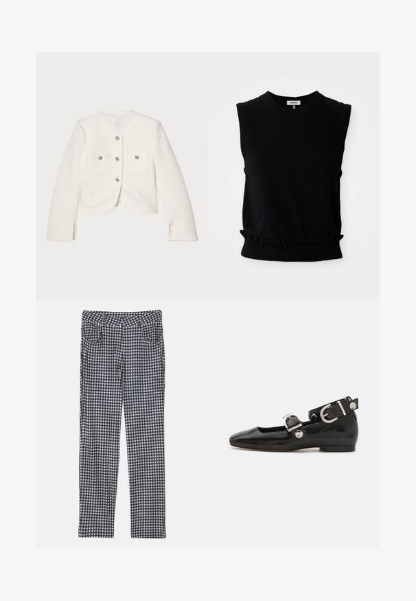Hvid cropped jakke lavet af tekstureret stof, med fire knapper med dekorative udsmykninger og to forlommer.; Sort ærmeløs sweater lavet af blødt strikkemateriale. Har rundt halsudskæring og samlet bundkant med ribkant. Enkel, moderne design.; Bukser i hundetandmønster med en blanding af sort, hvid og grå. Designet med en tætsiddende silhuet og forlommer.; Sorte patenteret lædersko med firkantet tå, ankelrem med sølvhardware og flad sål. Glat tekstur med minimalistisk design.