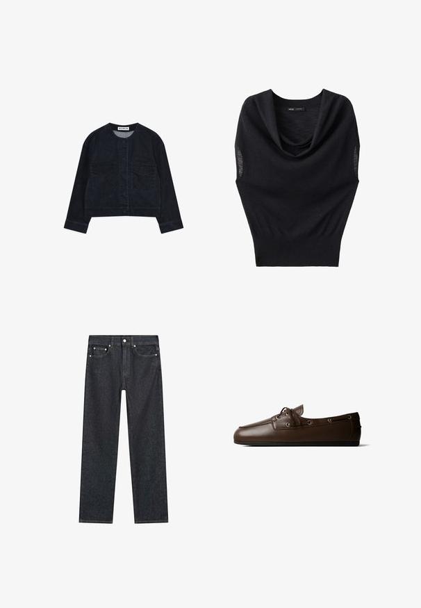 Mørk denimjakke med rund hals, frontlukning med knapper og to brystlommer. Har et cropped design og enkle stikninger som pynt.; Sort ærmeløs striktop med bred kåde-hals og tætsiddende ribbet taljebånd, mærkelabel synlig inde i halsudskæringen.; Mørkeblå lige ben jeans med fem lommer, metalnitter og en knaplukning i taljen.; Mørkebrun lædermoccasin med snøredetaljer langs siderne og bundet sløjfe på toppen, flad sort sål, sideprofil.