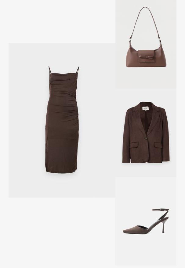 Blazer en faux suède marron avec col en revers, fermeture à un bouton, deux poches avant et doublure intérieure lisse.; Robe midi marron sans manches avec fines bretelles et détails froncés subtils sur le buste et sur le côté, présentée sur un fond clair uni.; Chaussure à talon haut en daim marron à bout pointu, avec une fine bride de cheville et une boucle argentée sur fond blanc.; Sac à bandoulière en cuir marron avec une poche à rabat avant ornée d'un détail en forme de nœud cousu et une sangle réglable.