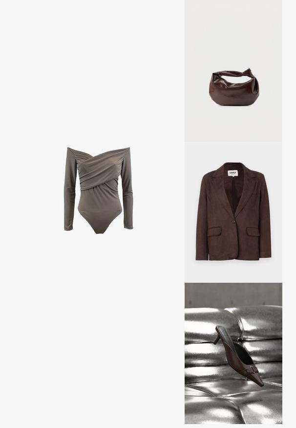Pruun faux-suede bleiser lapellikolle, ühe nööbiga kinnitusega, kahe esiseotaga taskuga ja siledast voodrist.; Õlgadelt avatud üheosaline ujumismood, oliivrohelises värvitoonis, pikal varrukal, kogutud ees ja sileda, veniva kangaga.; Pruun terava ninaga kontsaga mulesuss, millel on luku detail, hõljuv läikiva hõbedase nupukestega nahkpinna kohal.; Tumepruunast nahast õlakott, pehme ja lõdva vormiga, keeratud sõlme tüüpi sangaga, valgel ühevärvilisel taustal.