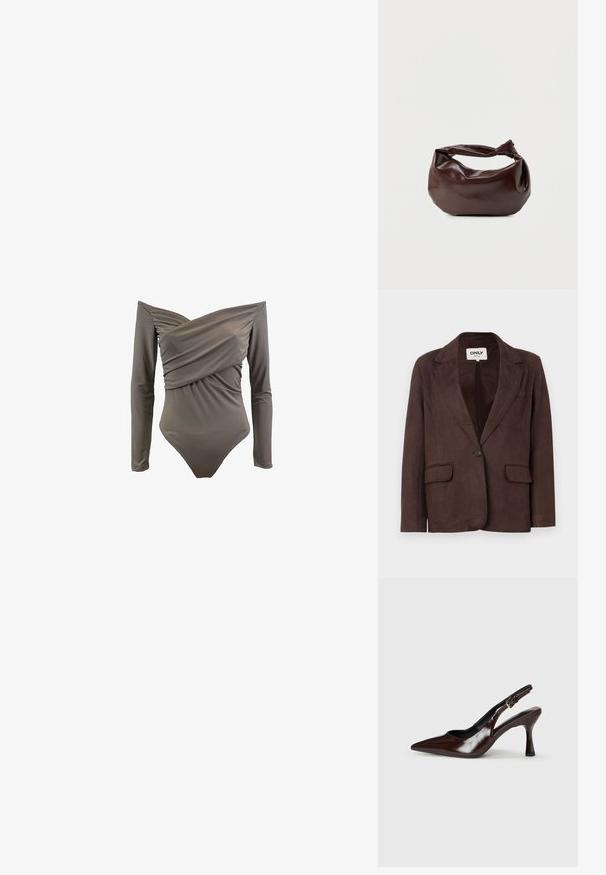 Brun faux suede blazer med slagkrave, enkelt knaplukning, to forlommer og en glat indvendig foring.; Off-shoulder ensfarvet badetøj i olivengrøn med lange ærmer, draperet front og glat, strækbart stof.; Brune patenterede læderslingback-sandaletter med spids tå, en tynd hæl og justerbar rem med en lille spænde.; Mørkebrun læder skuldertaske med en blød, afslappet form og et snoet knudehåndtag på en ensartet hvid baggrund.