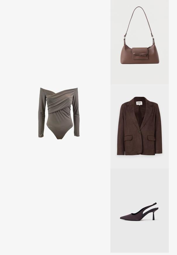 Pruun faux-suede bleiser lapellikolle, ühe nööbiga kinnitusega, kahe esiseotaga taskuga ja siledast voodrist.; Õlgadelt avatud üheosaline ujumismood, oliivrohelises värvitoonis, pikal varrukal, kogutud ees ja sileda, veniva kangaga.; Tumevioletsest kangast slingback-kontsaga king. Terava ninaga disain, avatud küljed ja sihvakas, ruudukujuline konts. Sile tekstuur.; Pruun nahast õlakott ees taskuga, millel on õmmeldud lipsu detail ja reguleeritav rihm.
