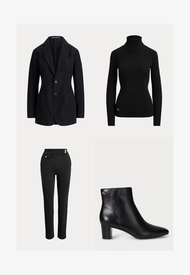 Schwarzer Herrenblazer mit Notch-Revers, zwei vorderen Knöpfen, drei aufgesetzten Taschen und einem Etikett mit der Aufschrift Polo by Ralph Lauren innen im Kragen.; Schwarzer gerippter Langarm-Rollkragenpullover mit figurbetonter Silhouette und kleinem goldenen Logo nahe dem unteren Saum auf der linken Seite.; Schwarze, hoch taillierte, schmale Hose mit zwei goldfarbenen Knöpfen am Bund und einer kleinen Klappentasche mit einem goldfarbenen Knopf auf der rechten Seite.; Schwarze Leder-Stiefelette mit spitzer Zehe und Blockabsatz. Verfügt über ein Gold-Logo-Detail auf der Rückseite. Glatte Textur mit einem eleganten Design.