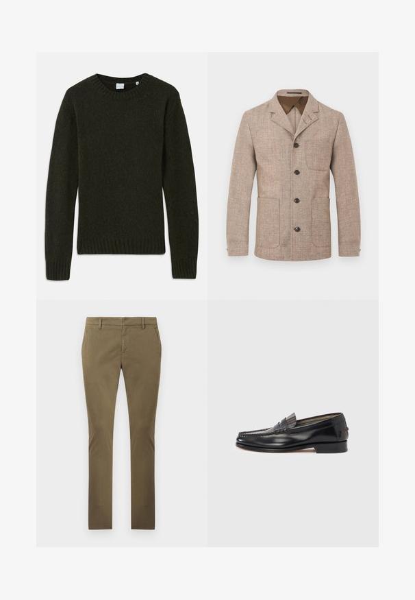 Blazer pour homme beige texturé avec col à revers crantés, quatre boutons sombres sur le devant et trois poches plaquées.; Pull en maille de couleur vert foncé avec un col rond, des poignets et un ourlet côtelés. Texture douce, manches longues et design simple sans motifs.; Pantalon décontracté pour homme coupe slim de couleur vert olive avec passants pour ceinture, poches avant et braguette à boutons cachés, présenté à plat sur un fond blanc.; Mocassins en cuir noir avec un design de style mocassin, présentant une bande décorative et un détail de couture sur le dessus. Talon bloc bas.