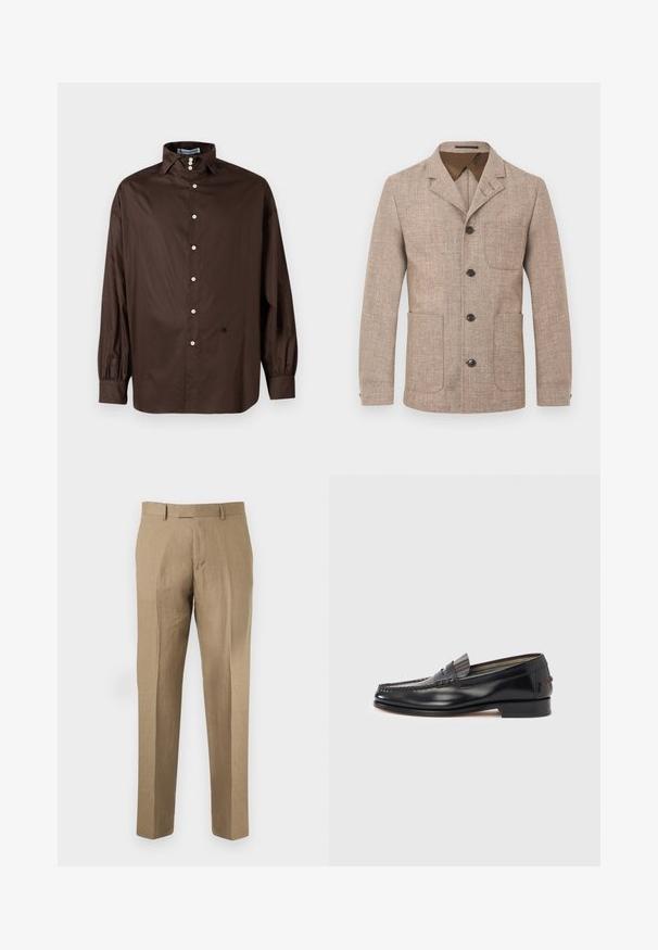 Beige tekstureret herreblazer med reverskrave, fire mørke knapper foran og tre påsyede lommer.; Braun langærmet skjorte i et glat stof med klassisk krave, frontlukning med knapper og elastiske manchetter; har et diskret logodetalje.; Beige skræddersyede bukser med bæltestropper, forreste folder og lige ben på en ensfarvet baggrund.; Sorte læderloafers med moccasin-design, der har en dekorativ bånd og syningsdetaljer på overdelen. Lav blokhæl.
