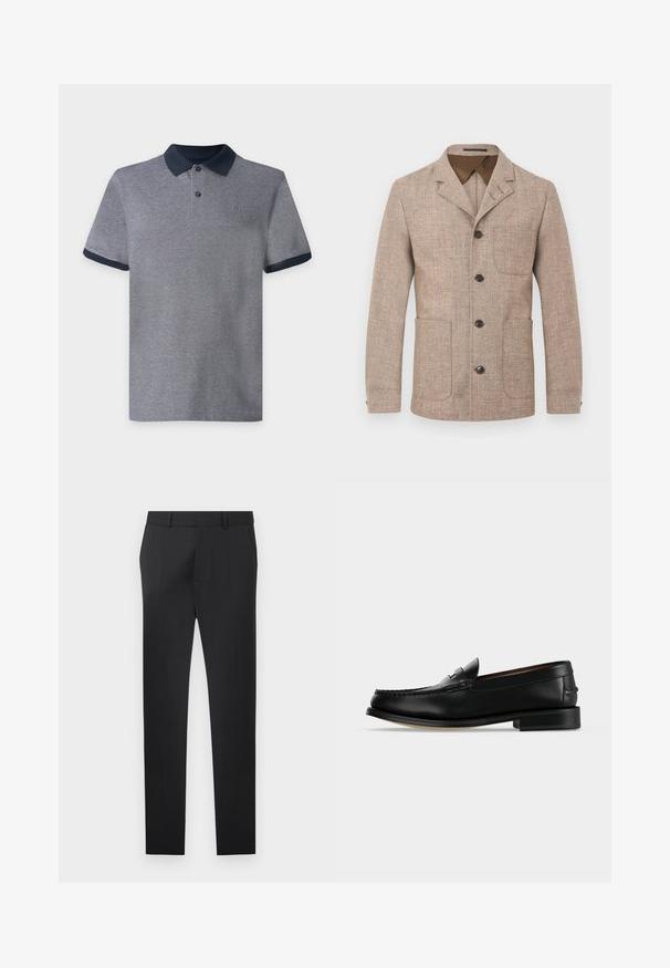 Blazer pour homme beige texturé avec col à revers crantés, quatre boutons sombres sur le devant et trois poches plaquées.; Polo gris à manches courtes avec col et bords de manches bleu marine foncé, doté de deux boutons et d’un petit logo sur la poitrine sur un fond uni.; Pantalon noir formel coupe slim avec passants de ceinture, fermeture éclair frontale et design à plat sur un fond clair uni.; Mocassin homme en cuir noir avec un petit talon et une couture de style mocassin sur l'avant, vu de côté sur un fond uni.