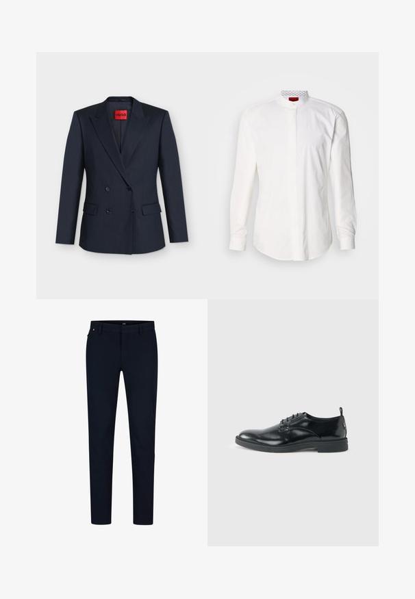 Marineblauwe dubbelgeknoopte blazer met notch-revers, vier zwarte knopen, twee klepzakken en een rood HUGO-merklapje aan de binnenkant van de kraag.; Wit overhemd met lange mouwen en een hoge kraag, gemaakt van katoen. Voorzien van een knoopsluiting aan de voorkant, minimalistisch design en subtiele branding aan de binnenkant van de kraag.; Marineblauwe broek van gladde stof, met een slim fit, riemlussen en een verborgen ritssluiting. Er zijn geen opvallende patronen of accenten aanwezig.; Glanzende zwarte lederen nette schoen met lage hak, vetersluiting en ronde neus, van opzij getoond tegen een effen lichte achtergrond.