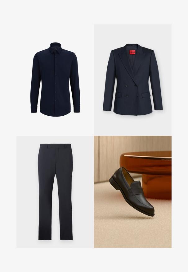 Blazer azul marino de doble botonadura con solapas con muesca, cuatro botones negros, dos bolsillos con solapa y una etiqueta de marca HUGO roja dentro del cuello.; Camisa de botones de manga larga en color navy, hecha de tela tejida, que presenta un cuello clásico, corte recto y cierre frontal de botones.; Pantalones formales de la marina confeccionados en tejido suave. Cuentan con un frente plano, trabillas para cinturón y bolsillos laterales, con un corte recto a medida.; Zapato mocasín de cuero negro con tacón bajo flotando sobre suelo alfombrado beige cerca de una mesa redonda marrón.