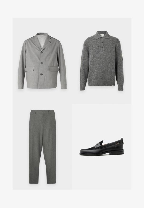 Grå blazer lavet af struktureret stof, med en slå-krave, tre knapper og to frontlommer. Ren, moderne design.; Grå strikket pullover med polokrave, fem-knaps lukning, lange ærmer og ribbede manchetter; har et tekstureret stof med subtile prikker.; Grå skræddersyede bukser lavet af et blødt stof. Har en talje, bæltestropper og et tapered ben-design. Glat tekstur, ingen mønstre.; Sort læderloafer med grå remdetalje, lav hæl og tekstureret sål, mærket med "HUGO" i guld på siden.