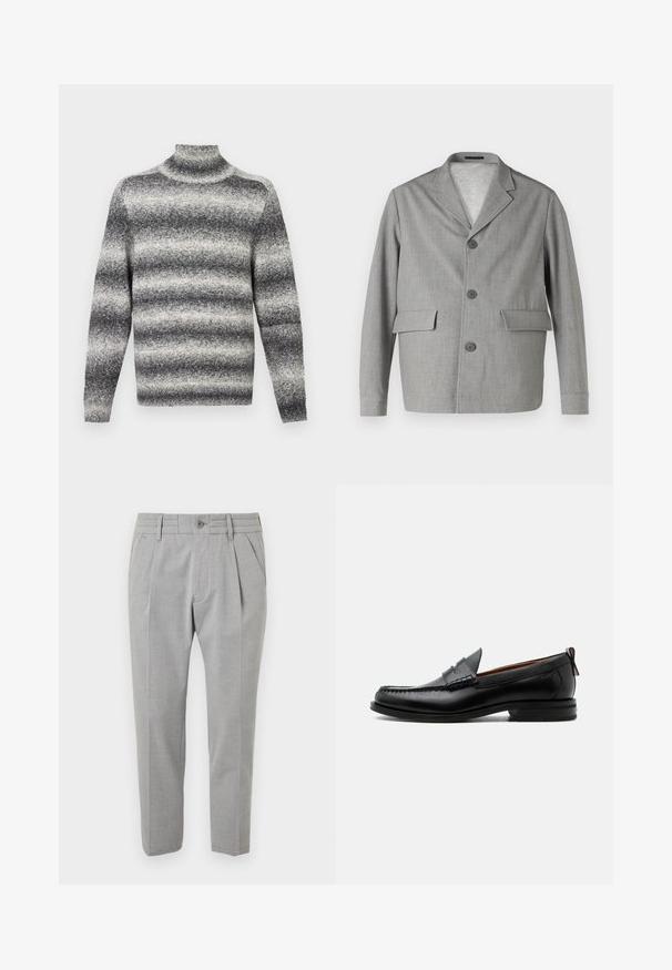 Grå blazer lavet af struktureret stof, med en slå-krave, tre knapper og to frontlommer. Ren, moderne design.; Grå og hvid stribet højhalset sweater med ribstrik i halsen, der tilbyder en blød tekstur og almindelige lange ærmer.; Grå skræddersyede bukser med en glat tekstur, der har et plisseret design, frontlommer, bæltestropper i taljen og en knaplukning.; Sort læder herre loafer med moc-tå syning, penny strop, struktureret krave og lav stablet hæl på hvid baggrund.