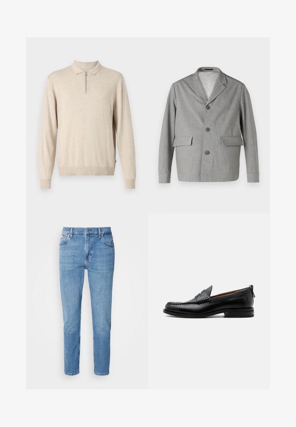 Grå blazer lavet af struktureret stof, med en slå-krave, tre knapper og to frontlommer. Ren, moderne design.; Beige langermet pullover med krave og lynlås. Lavet af blødt materiale med ribbede manchetter og kant.; Lys blå denim jeans med lige snit, fem-lomme design og subtilt slid. Har knaplukning og bæltestropper.; Sort læder herre loafer med moc-tå syning, penny strop, struktureret krave og lav stablet hæl på hvid baggrund.