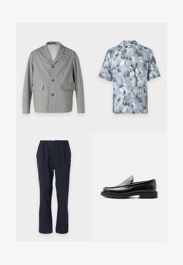 Blazer gris en tissu texturé, avec un col à revers, trois boutons et deux poches avant. Design épuré et moderne.; Chemise à manches courtes avec col italien et poche poitrine, motif abstrait nuage bleu-gris.; Pantalons bleu marine en tissu doux avec une taille élastique, présentant des plis sur le devant et un design à jambes droites.; Mocassin en cuir noir avec semelle en caoutchouc épaisse, dessus cousu et nom de marque embossé sur le talon, présenté de profil sur fond blanc.