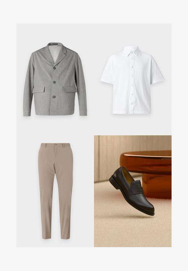 Grauer Blazer aus strukturiertem Stoff, mit Reverskragen, drei Knöpfen und zwei Vordertaschen. Sauberes, modernes Design.; Weißes kurzärmliges Hemd mit Knopfleiste aus strukturiertem Stoff, klassischem Kragen und Liniendesign. Sechs Knöpfe entlang der Vorderseite.; Beige maßgeschneiderte Hose mit glatter Textur, slim Fit und vorderen Knopfverschluss. Keine sichtbaren Muster oder Verzierungen.; Schwarzer Leder-Loafer mit niedrigem Absatz, der über einem beigen Teppichboden nahe einem runden braunen Tisch schwebt.