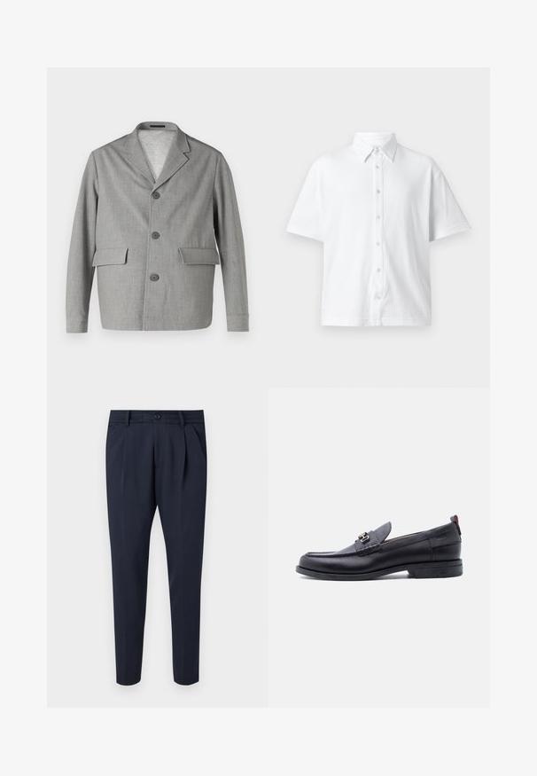 Grå blazer lavet af struktureret stof, med en slå-krave, tre knapper og to frontlommer. Ren, moderne design.; Hvid kortærmet skjorte med knapper lavet af tekstureret stof, med en klassisk krave og et linjemønster. Seks knapper langs forsiden.; Marinebukser lavet af glat stof, med pile, lynlås- og knaplukning, sidelommer og en tætsiddende ben-design.; Sort lædermokasin med grå tekstureret forfod, sølvfarvet metalspænde, lav hæl og trækflap bagpå.