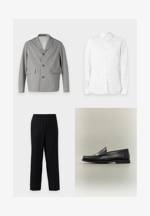 Grijze blazer van textuurstof, met een notch-kraag, drie knopen en twee voorkezen. Strak, modern ontwerp.; Witte blouse met lange mouwen en knopen, gemaakt van katoen. Heeft een puntige kraag en een klein geborduurd logo op de borst. Gladde textuur.; Zwarte broek met een elastische tailleband, recht gesneden ontwerp en een gladde, lichte stof. Geen zichtbare zakken of patronen.; Zwarte leren herenslipper met moc-toe ontwerp, pennestrook en lage hak op een neutrale achtergrond.