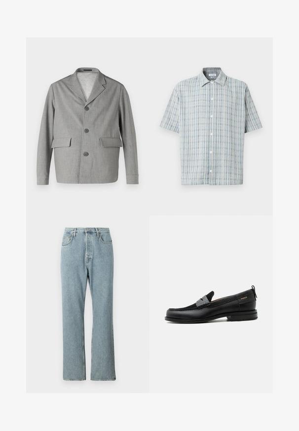 Grauer Blazer aus strukturiertem Stoff, mit Reverskragen, drei Knöpfen und zwei Vordertaschen. Sauberes, modernes Design.; Kurzärmliges Hemd mit Knöpfen, blau-weiß kariertes Muster, Umschlagkragen und weißen Knöpfen vorne.; Helles blaues Denim-Jeans mit hoher Taille, weit geschnittenen geraden Beinen und einfacher Naht. Verfügt über fünf Taschen und einen klassischen Knopfverschluss.; Schwarzer Lederloafer mit grauem Riemendetail, niedrigem Absatz und strukturierter Sohle, seitlich mit „HUGO“ in Gold gebrandmarkt.