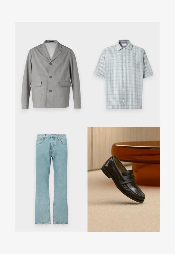 Grauer Blazer aus strukturiertem Stoff, mit Reverskragen, drei Knöpfen und zwei Vordertaschen. Sauberes, modernes Design.; Kurzärmliges Hemd mit Knöpfen, blau-weiß kariertes Muster, Umschlagkragen und weißen Knöpfen vorne.; Hellblaue Jeans aus Denim mit geradem Schnitt, ausgestattet mit fünf Taschen und einem Knopfverschluss. Sichtbare Nähte und fransiger Saum.; Glänzender schwarzer Leder-Loafer mit einem Riemendetail, auf einem beigen Teppich neben einem runden braunen Couchtisch in einem sanft beleuchteten Raum platziert.