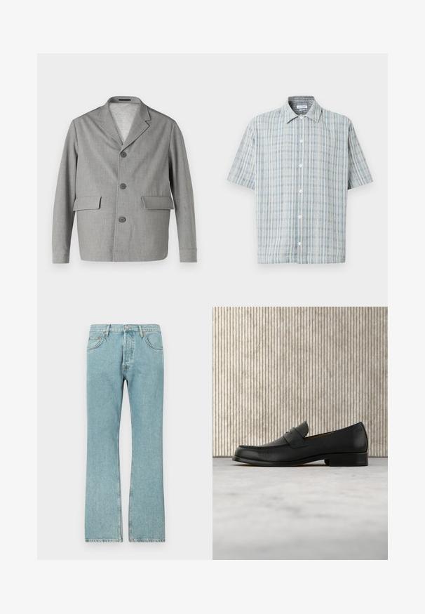 Sivý blazer vyrobený z textúrovanej látky, s klopovým golierom, tromi gombíkmi a dvomi prednými vreckami. Jednoduchý, moderný dizajn.; Košeľa s krátkym rukávom na gombíky s modro-bielym kockovaným vzorom, rozšíreným golierom a bielymi gombíkmi pozdĺž prednej časti.; Svetlomodré denimové džínsy s rovnými nohavicami, ktoré majú päť vreciek a gombíkový zapínanie. Viditeľné stehy a strapcovaný lem.; Čierny kožený mokasín vznášajúci sa nad béžovým koberecom s lesklým hnedým okrúhlym stolom v pozadí.
