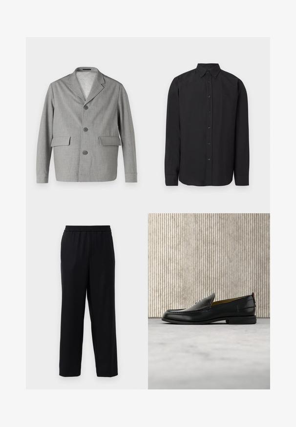 Grå blazer lavet af struktureret stof, med en slå-krave, tre knapper og to frontlommer. Ren, moderne design.; Sort langærmet skjorte med knappet krave, glat stof og diskret logo. Har knapper foran og manchetter på ærmerne.; Sorte bukser med elastisk talje, lige ben-design og et glat, let stof. Ingen synlige lommer eller mønstre.; Sort læder herreloafer med krokodillepræget forstykke og lav hæl, vist i profil på en neutral baggrund.