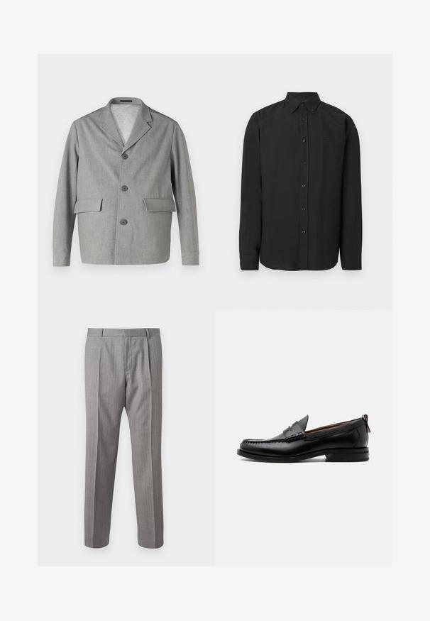 Grå blazer lavet af struktureret stof, med en slå-krave, tre knapper og to frontlommer. Ren, moderne design.; Sort langærmet skjorte med knappet krave, glat stof og diskret logo. Har knapper foran og manchetter på ærmerne.; Grå, stribede bukser med skræddersyet pasform, der har foranfald, bæltestropper og en glat struktur. Lige ben design, rene manchetter.; Sort læder herre loafer med moc-tå syning, penny strop, struktureret krave og lav stablet hæl på hvid baggrund.