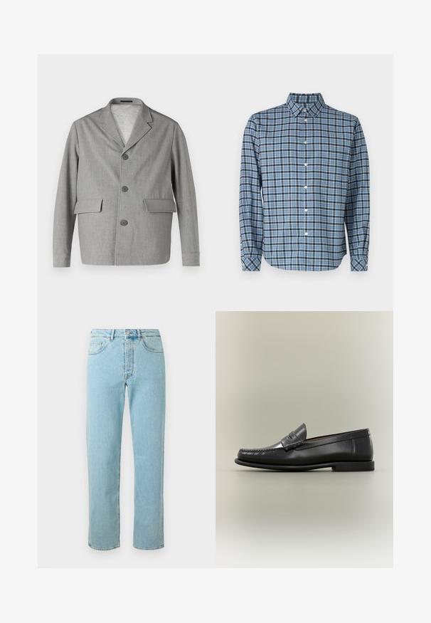 Grijze blazer van textuurstof, met een notch-kraag, drie knopen en twee voorkezen. Strak, modern ontwerp.; Button-down shirt van geweven katoen, blauw en zwart geruit patroon, lange mouwen, kraag, witte knopen en verstelbare manchetten.; Lichtblauwe denim jeans met een rechte pijp, uitgerust met vijf zakken, een ritssluiting en subtiele vervagingen door de stof.; Zwarte leren herenslipper met moc-toe ontwerp, pennestrook en lage hak op een neutrale achtergrond.