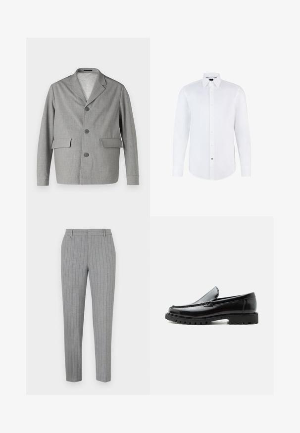 Sivý blazer vyrobený z textúrovanej látky, s klopovým golierom, tromi gombíkmi a dvomi prednými vreckami. Jednoduchý, moderný dizajn.; Biela dlhá košeľa s dlhým rukávom vyrobená z hladkej látky, s predným zapínaním na gombíky, špicatým golierom a zakriveným lemom. Výrazný gombík s logom značky.; Sivé nohavice s jemnými pásikmi, s priliehavým strihom, s rovným predným dielom a bočnými vreckami. Vyrobené z hladkej látky s jemným leskom.; Čierny kožený mokasín s hrubou gumovou podrážkou, prešitý zvršok a vyrazeným názvom značky na päte, zobrazený z bočného profilu na bielom pozadí.