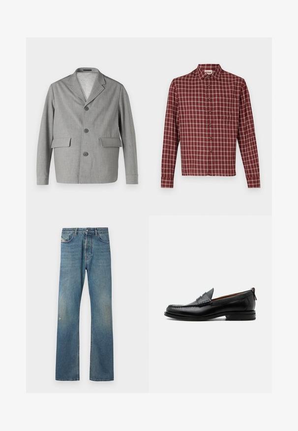 Grå blazer lavet af struktureret stof, med en slå-krave, tre knapper og to frontlommer. Ren, moderne design.; Rødternet langærmet skjorte med spids krave, knaplukning og brystlomme. Materialet virker blødt med en let struktur.; Blå denimjeans med et lige ben-design, der har en let falmning, forlommer og en knaplukning i taljen.; Sort læder herre loafer med moc-tå syning, penny strop, struktureret krave og lav stablet hæl på hvid baggrund.