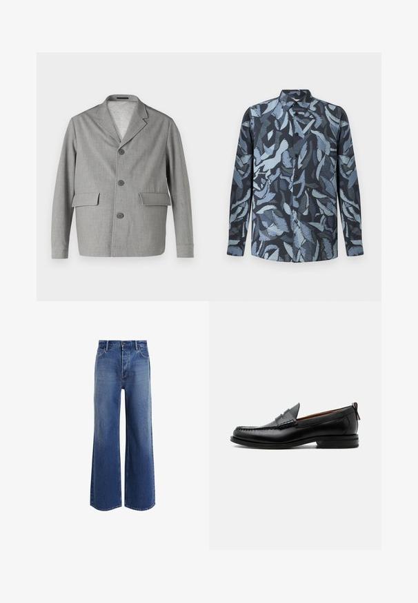 Grijze blazer van textuurstof, met een notch-kraag, drie knopen en twee voorkezen. Strak, modern ontwerp.; Langemouwen shirt van zachte stof met een donkerblauwe basis en abstracte lichtblauwe blaadjespatronen, knoopsluiting aan de voorkant en een kraag.; Hoge taille wijde jeans van middelblauwe denim, met een klassiek vijf-pocket ontwerp, lichte vervaging en rafelige zoomdetails.; Zwarte leren herensloffen met moc toe stiksel, pennyriem, gestructureerde kraag en lage gestapelde hak op witte achtergrond.