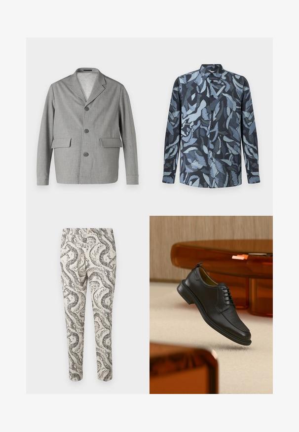 Blazer gris en tissu texturé, avec un col à revers, trois boutons et deux poches avant. Design épuré et moderne.; Chemise à manches longues en tissu doux, présentant une base bleu foncé avec des motifs abstraits de feuilles bleu clair, un devant à boutons et un col.; Pantalons à motifs avec un design de serpent en noir et gris sur un fond beige clair, dotés d'une fermeture à bouton et d'une coupe slim.; Chaussure habillée noire en cuir à lacets avec devant texturé, flottant au-dessus d'un tapis beige dans une pièce moderne avec des meubles teintés d'ambre.