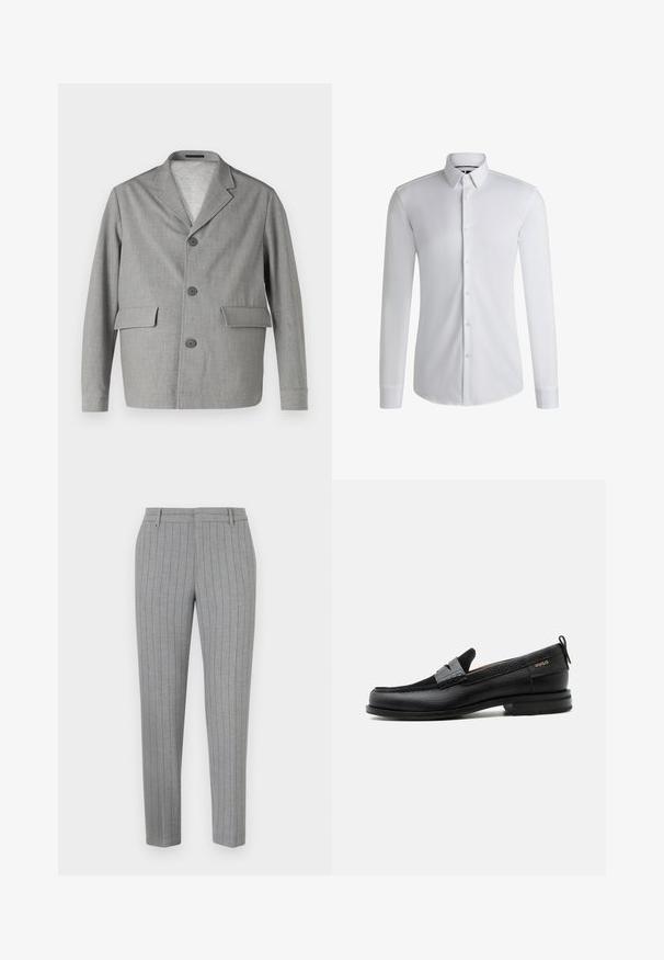 Sivý blazer vyrobený z textúrovanej látky, s klopovým golierom, tromi gombíkmi a dvomi prednými vreckami. Jednoduchý, moderný dizajn.; Dlhý rukáv bielej košele vyrobenej z hladkej tkaniny, so zapínaním na gombíky a radom gombíkov vpredu. Jednoduchý dizajn.; Sivé nohavice s jemnými pásikmi, s priliehavým strihom, s rovným predným dielom a bočnými vreckami. Vyrobené z hladkej látky s jemným leskom.; Čierny kožený mokasín so sivým remienkom, nízkym podpätkom a textúrovanou podrážkou, so značkou "HUGO" v zlatej farbe na boku.