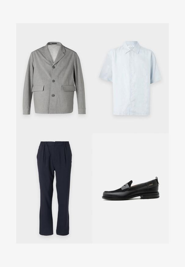 Blazer gris hecho de una tela texturizada, con cuello de pico, tres botones y dos bolsillos frontales. Diseño limpio y moderno.; Camisa de manga corta azul claro con un sutil patrón de hojas, con botones en el frente y un cuello clásico, confeccionada en una tela suave y texturizada.; Pantalones azul marino hechos de una tela suave con una cinturilla elástica, que cuentan con pliegues frontales y un diseño de pierna recta.; Mocasín de cuero negro con detalle de tira gris, tacón bajo y suela texturizada, con la marca "HUGO" en oro en el lateral.