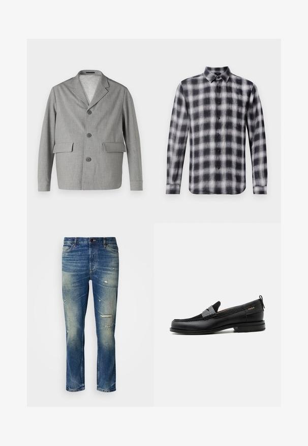 Grijze blazer van textuurstof, met een notch-kraag, drie knopen en twee voorkezen. Strak, modern ontwerp.; Geverfde blouse in zwart-wit, met lange mouwen, een kraag, gemaakt van lichtgewicht stof met een zachte textuur, voorzien van zwarte knopen.; Lichtblauwe denim jeans met een relaxte pasvorm, voorzien van versleten details, vervaagde patches en een klassieke knoop- en ritsluiting.; Zwarte leren loafer met grijs riemdetailelement, lage hak en gestructureerde zool, aan de zijkant gebrandmerkt met "HUGO" in goud.