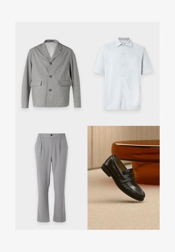 Blazer gris hecho de una tela texturizada, con cuello de pico, tres botones y dos bolsillos frontales. Diseño limpio y moderno.; Camisa de manga corta con cuello en azul claro, tejido texturizado con patrón de diamantes, con cierre frontal de botones y dobladillo recto.; Pantalones grises con tejido texturizado, con cierre de botón y cintura elástica. Diseño de pierna recta con pliegues laterales.; Mocasín de cuero negro brillante con detalle de correa, colocado sobre una alfombra beige cerca de una mesa de café redonda marrón en una habitación con iluminación suave.