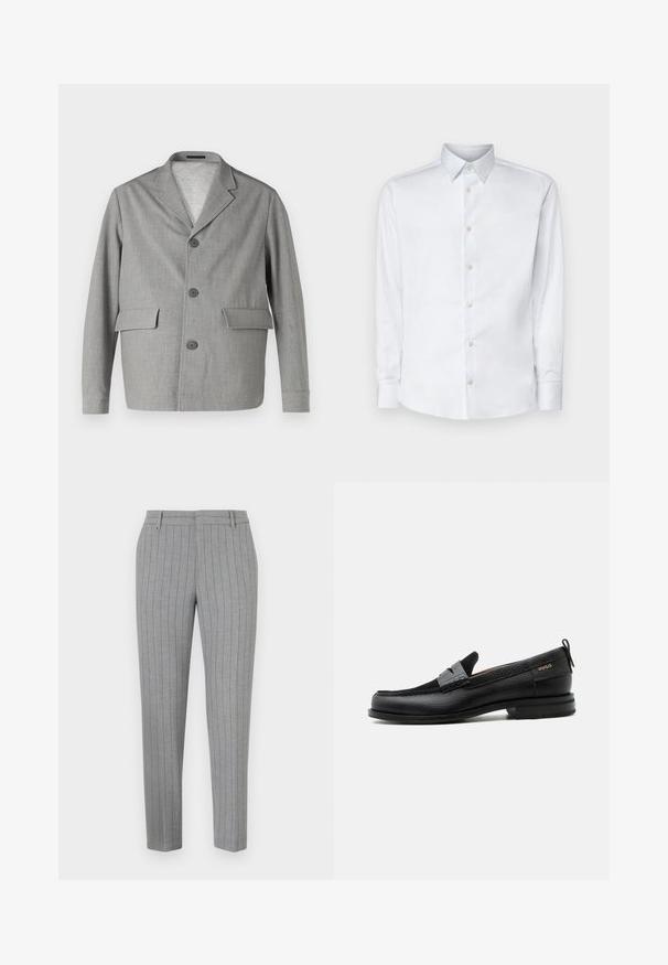 Blazer gris en tissu texturé, avec un col à revers, trois boutons et deux poches avant. Design épuré et moderne.; Chemise blanche à manches longues en tissu lisse, dotée d'un col classique, d'une patte de boutonnage et de poignets avec boutons, présentée sur un fond uni.; Pantalon gris à fines rayures avec une coupe ajustée, devant plat et poches latérales. Confectionné dans un tissu lisse avec un léger éclat.; Mocassin en cuir noir avec détail de bride grise, talon bas et semelle texturée, marqué "HUGO" en or sur le côté.