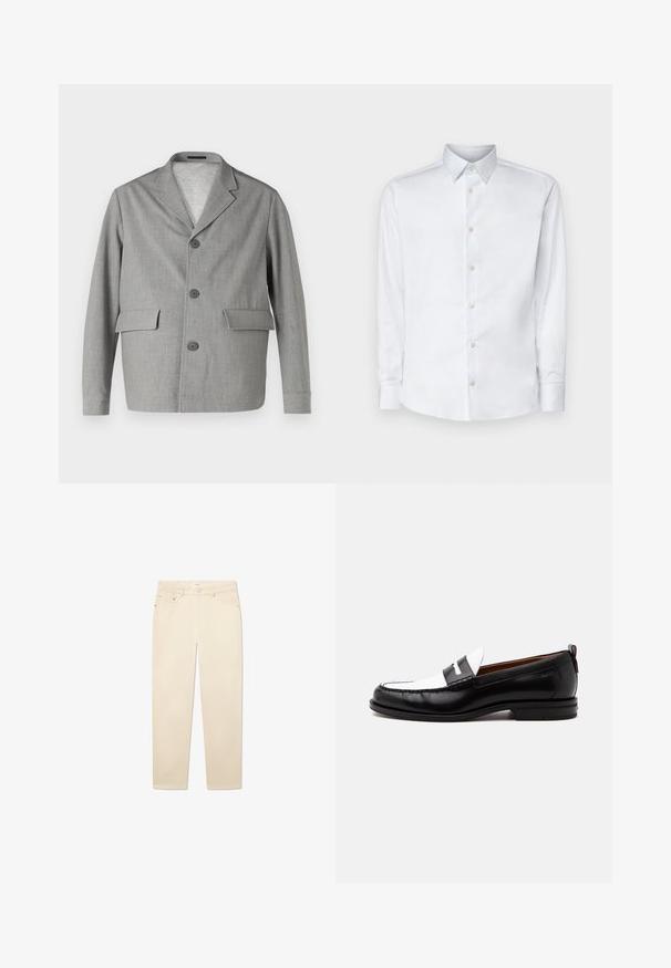Grijze blazer van textuurstof, met een notch-kraag, drie knopen en twee voorkezen. Strak, modern ontwerp.; Witte lange mouw shirt gemaakt van gladde stof, met een klassieke kraag, knoopsluiting en manchetten met knopen, gepresenteerd tegen een effen achtergrond.; Witte beige denim jeans met een rechte pijp, voorzien van vijf zakken, een knoop- en ritsluiting, en subtiele stikseldetails.; Zwart-witte leren loafer met gestikte details, lage hak en slip-on ontwerp, zijaanzicht op een egale achtergrond.