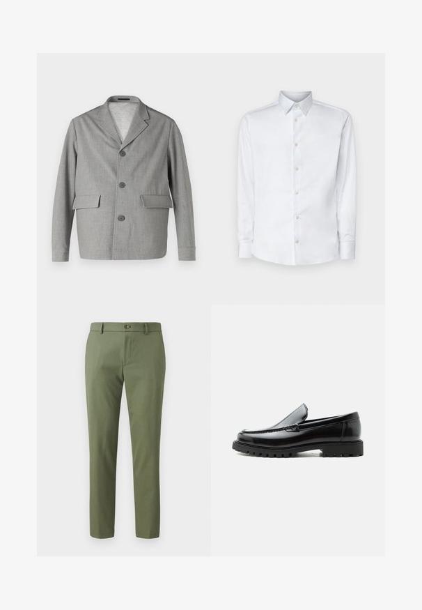 Grauer Blazer aus strukturiertem Stoff, mit Reverskragen, drei Knöpfen und zwei Vordertaschen. Sauberes, modernes Design.; Weißes Langarmhemd aus glattem Stoff, mit klassischem Kragen, Knopfleiste und Manschetten mit Knöpfen, vor einem einfarbigen Hintergrund präsentiert.; Grüne Hosen aus strukturiertem Stoff, mit schmalem Schnitt, geraden Beinen und einem Frontknopfverschluss. Geeignet für Freizeit- oder formelle Anlässe.; Schwarzer Lederloafer mit grober Gummisohle, genähter Oberseite und geprägtem Markennamen an der Ferse, seitlich auf weißem Hintergrund gezeigt.